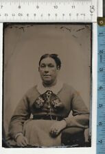 Antique Larger Tin type photo Sickly looking Victorian woman Gilted jewelry LOOK picture