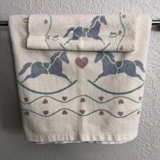 Vintage Fieldcrest Rocking Horse Bath Towel Washcloth Set 2 Pc Cotton USA Retro picture