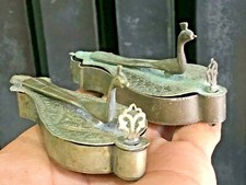 Vintage Old Set Of 2 Hand Crafted Peacock Brass Vermilion Kumkum Box Collectible picture