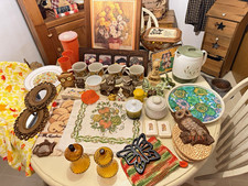 VTG 70s Decorative Collectibles Lot: Owl Figurines, Mugs, Mirrors, Plaque, Tray picture