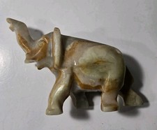 Vintage Carved Elephant Figurine Figure Trunk Up Good Luck Soapstone Tan Gray picture