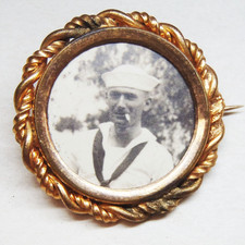 Antique WWI WW1 USN Navy Handmade Brass Mourning Pin w/ Fallen Sailor's Photo zp picture