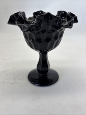 Fenton Black Glass Thumbprint Ruffle Top Pedestal Compote Candy Dish 6x6” EUC picture