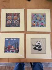 Lot Of 4 Chinese hand Stitched silk suzhou embroidery art, Matted 8 Inch Square picture