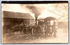 Farm~Steam Tractor Blows Smoke in Barn Yard~Farmers Gather Round~1910 RPPC picture
