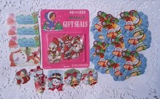 63 Vintage Gummed Christmas Seals Glitter Snowmen Bells Santa picture