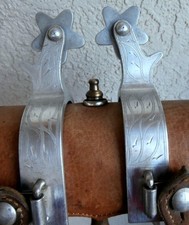 Crockett Renalde Etched Band Aluminum Horse Spurs with Leather Straps picture