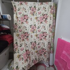 2 Vtg. Shabby Chic 1950s Barkcloth Curtain Panels Pink Floral Roses.43