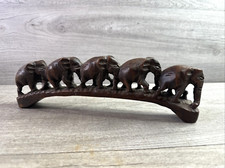 Vtg Hand Carved Dark Wood Parade of 5 Lucky Elephants Figurine 11.25