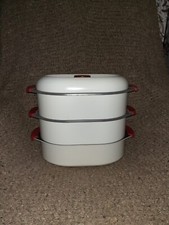 Vintage TOURNUS France-3 Level Steamer-Stove Top-White/Red-Excellent-Rare picture
