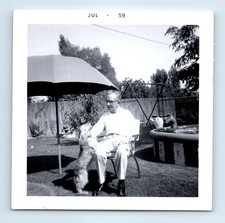 Old Vintage Square Photo SOLO OLDER MAN WITH DOG SWIMMING POOL BACKYARD 1959 picture