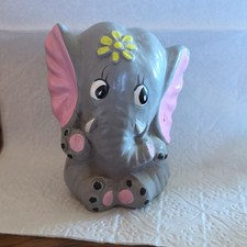 Vtg Ceramic Elephant Coin Piggy Bank GreyPink Yellow Flower Hand Painted picture