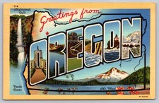 c1944 Greetings From Oregon Large Letter Multnomah Falls Mt Hood Linen Postcard picture