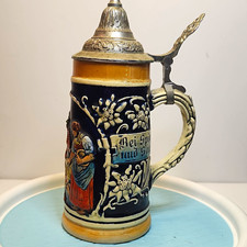 German Lidded Beer Stein, Cobalt Blue Relief Floral, Pewter Lid, Weiden picture