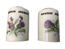 Newton Stewart Ceramic Purple Floral Salt & Pepper Shaker Set w/ Tray Gold Trim picture