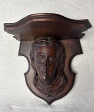 Antique Hand Carved Wood Wall Bracket Shelf Figural Face Bust Relief Victorian picture