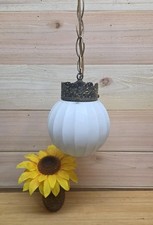 Vintage Ribbed White Glass Globe Pendant Light, Brass Tone Metal,  1 Light 70s  picture