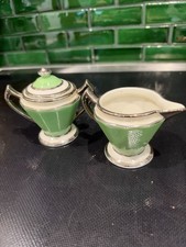 FRAUNFELTER CHINA 387 GREEN AND SILVER ART DECO CREAMER AND SUGAR SET picture