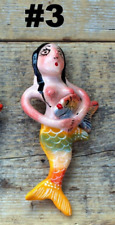 #3 Mermaid Holding Fish Yellow Tail Clay Ornaments Handmade Mexican Folk Art picture