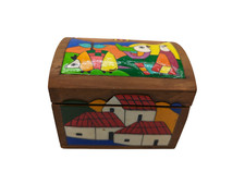 El Salvadorian Wood Box Hand Painted Enamel Animals & Folk Art Village picture