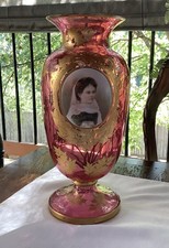 Victorian Portrait and Floral Gold Trim Cranberry Pedestal Art Glass Vase 14 In picture