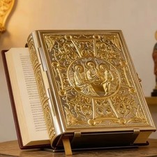 Gold Plated Orthodox Gospel Book Cover Holy Trinity Enamel Icon Church Altar Set picture