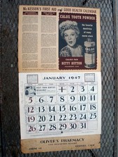 Vintage 1947 First Aid and Good Health OLIVER'S PHARMACY Lemoore CA Calendar picture