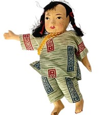 Vintage Chinese Doll Wood Composition Head Cloth Body Red Pigtails Folk Art picture