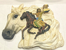 Vintage 3D Hand Painted Resin Horse Head Wall Plaque Native American Rider 11” picture