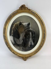 Antique Victorian Oval Gilt Gesso Frame Hound Dogs Portrait Art Floral Crest 23