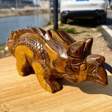 2.63LB Natural Tiger Eye Hand Carved Triceratops Dinosaur Figurine Stone picture