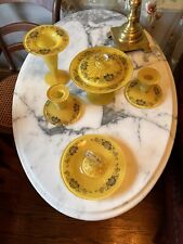 Hollywood Regenc Yellow Cased 6pc Glass Vanity Buffet Set Vase Cake Candlesticks picture