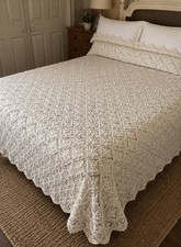 Vintage Gorgeous Ivory Crochet Bedspread Coverlet Scalloped Edge 80” x 86” picture