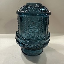 VINTAGE INDIANA GLASS STARS & BARS LARGE FAIRY LAMP COLONIAL BLUE 6.5 - Inches  picture