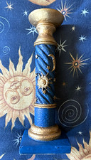 Vintage Celestial Sun Moon Stars Blue & Gold Candle Holder Small 8 inches picture