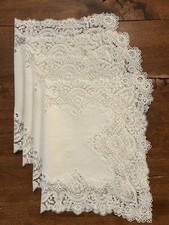 Vintage Italian(?) Ivory Linen & Lace Floral Scrollwork Dainty Doilies, Set of 4 picture