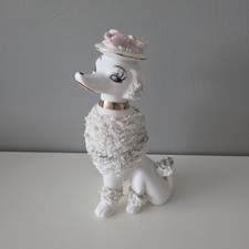 Vintage 1950’s Porcelain White Posh Spaghetti Poodle with Gold Collar Pink Hat picture