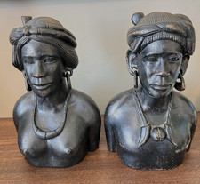 PR VTG African Wood BUST Carved Pair Male Female STATUES DARK EBONY 8