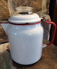 Vintage Enamelware Coffee Pot Stove Top Camping Red /White Glass On Lid picture