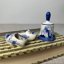 Vintage Delft Blue Bell & Miniature Clogs Hand Painted Dutch Decor Set picture