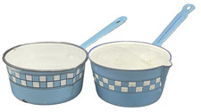 Pair of Vintage French Enamelware Blue & White Checked Pot Pan picture