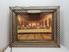 Vintage Metal Filigree Framed Lighted Jesus Last Supper Wall 21x17