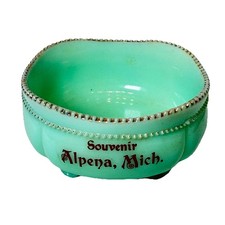 ALPENA, MICHIGAN MI Uranium Antique Custard Glass Souvenir Trinket JADE BOWL picture