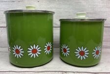 Vintage Kromex Green Daisy Aluminum Canisters Lot Of 2 1970s Flower Power Retro picture