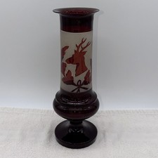Vintage Bohemian Ruby Red Frosted Glass Stag Deer Pedestal Vase Approx. 12