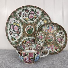 Antique Famille Rose Medallion Chinese Export 3pc Plate Tea Cup Saucer 19th c picture