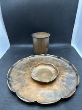 Vintage Hand-Hammered Copper 3-Piece Set – Scalloped Tray, Lidded Jar & Dish picture