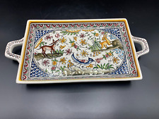 Vintage Hand Painted Real Ceramica Portugal Ceramic Serving Tray Floral and Deer picture
