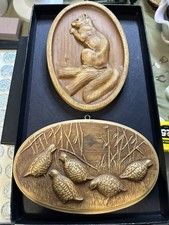 VTG Chalkware Wildlife Wall Plaques Squirrel Game Birds Faux Wood Cabin Decor picture