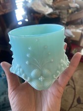 Fostoria 1886 Aqua Blue Milk Glass Puff Box Small Trinket No Lid Vintage(2) picture